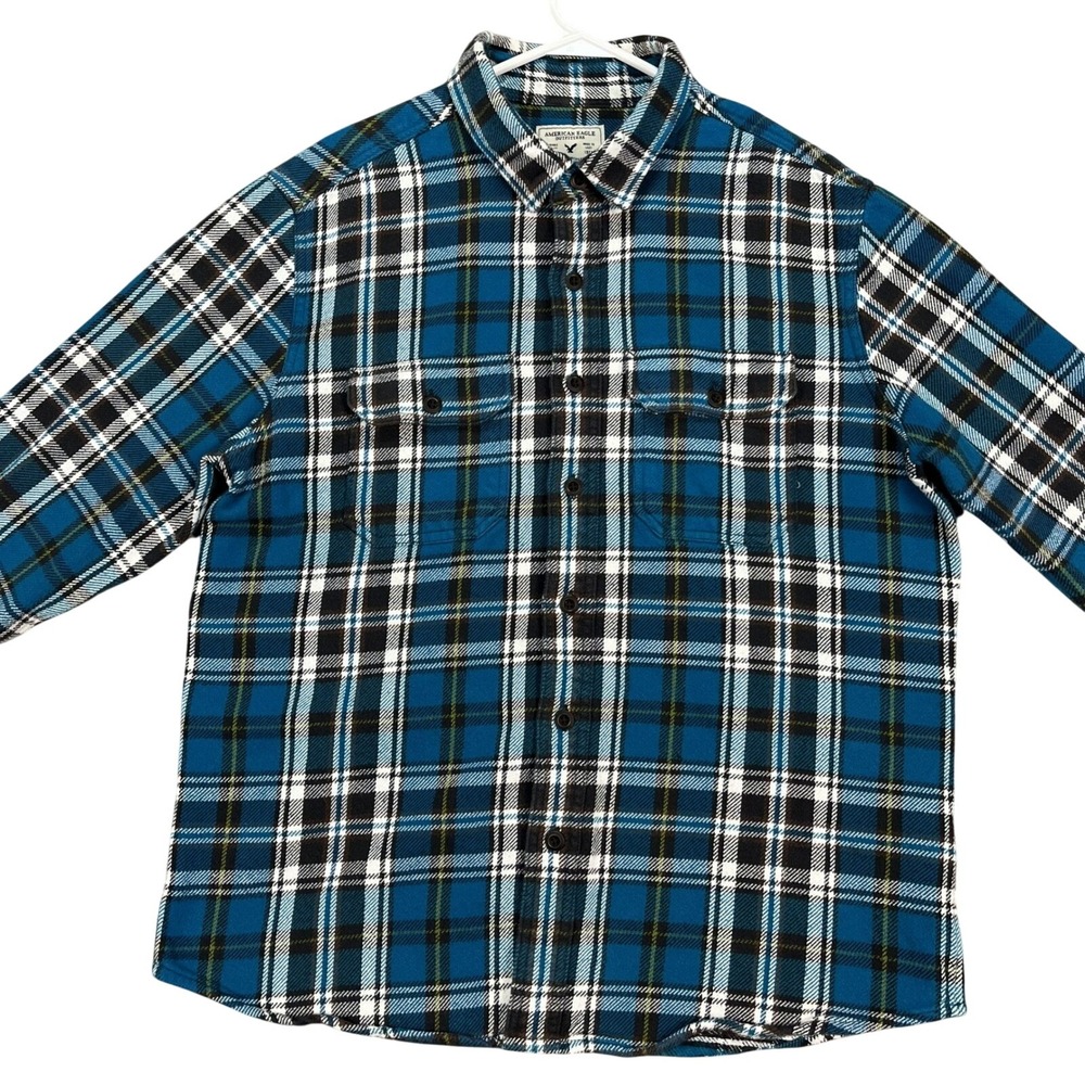 American Eagle Shirt Mens L Blue Black White Plaid Button Down Heavy Flannel EUC